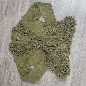 52 Weekends Mossy Green Chunky Knit Yarn Fringe Trim Cardigan Sweater Boho MD